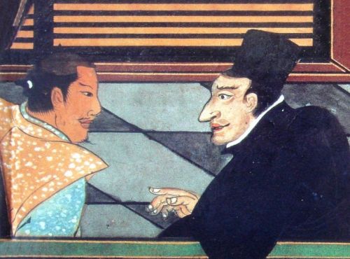 A Japanese man holds a conversation with a Jesuit father in a Jesuit residence (Japan, early 17th cent. Lisbon, Museu Nacional de Arte Antiga)