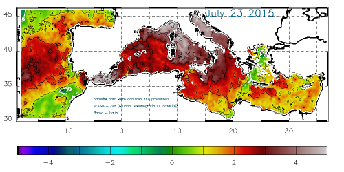 Anomaila in gradi °C della temperatura marina superficiale  rispetto alla climatologia 1985-2006