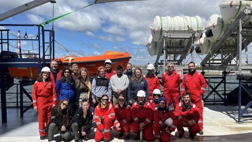 Science and ECORD Science Operator Team and of the first rotation onboard liftboat L/B Robert. It will be home for the science team until August. Photo: Everest@ECORD_IODP3_NSF