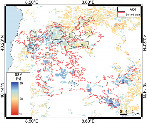 Mappa del contenuto d'acqua nei suoli (0-5 cm) alla data del 27 dicembre 2021, che mostra come all'interno dell'area interessata dall'incendio (poligono rosso) i valori siano verosimilmente più alti rispetto a quelli delle zone esterne non bruciate