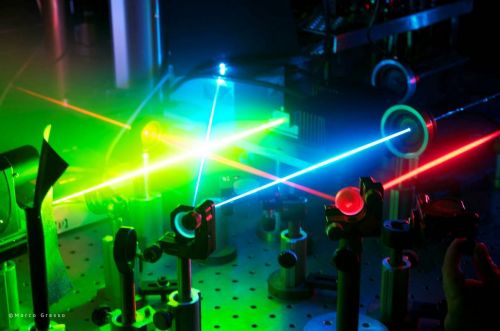 Fasci laser utilizzati per l'intrappolamento, la manipolazione e caratterizzazione spettroscopica di nanoparticelle attive al Nano-Soft Lab del Cnr-Ipcf di Messina.