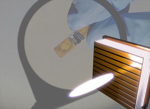 Un forte impulso di luce (bianco) può trasformare l'assorbitore saturabile (reticolo d'oro) in uno specchio quasi perfetto. Sullo sfondo: vista ingrandita di un laser quantistico a cascata. [Immagine: Juergen Raab, Universität Regensburg]