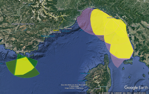 Mappa geografica dell'attuale copertura dalla rete radar transfrontaliera tra l'Italia e la Francia