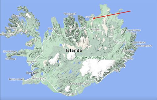 Mappa dell'Islanda (da Google Maps). I pozzi di campionamento HA01 e HU01 sono ubicati presso Húsavik (vedi freccia rossa), nel nord dell'Islanda
