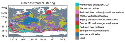 Rappresentazione della classificazione geografica delle regioni oceaniche che mostrano dinamiche di cambiamento omogenee, ottenuta mediante l'algoritmo K-means.