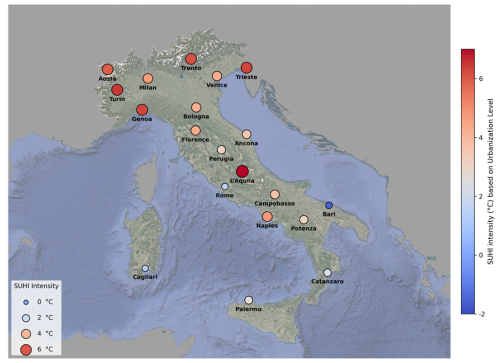 Intensità delle isole di calore superficiali urbane nei capoluoghi di regione italiani