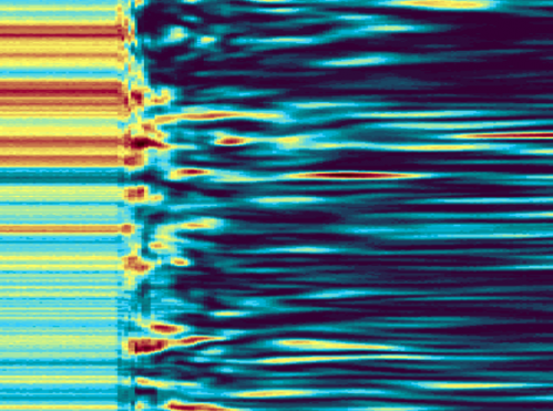 Transizione della luce dallo stato fluido (a sinistra) a quello vetroso (a destra) come osservata tramite la distribuzione nello spazio di intensità luminosa