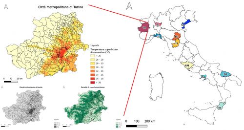 Le 10 città metropolitane studiate (Fig. a dx) e un esempio di isola di calore estiva relativa alla città metropolitana di Torino (Fig. in alto a sx)