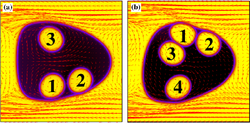 Esempi di emulsioni multiple contenti tre (sinistra) e quattro (destra) gocce il cui moto è guidato da vortici di fluido prodotti all'interno della goccia più grande.