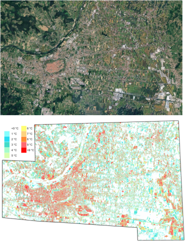 Mappa dell'intensità dell'isola di calore urbana calcolata come la differenza tra la temperatura di ogni punto e la temperatura media delle aree naturali, ricavata dall'immagine termica aerea ad alta risoluzione