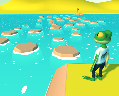 Rappresentazione dell'ambiente virtuale dello studio: l'avatar deve attraversare il fiume saltando sulle pietre, avendo la possibilità di scegliere il percorso da seguire