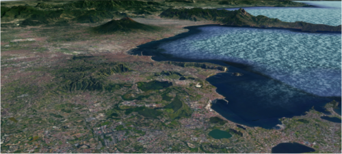 La caldera dei Campi Flegrei vista da nord con la citta di Napoli e il Vesuvio sullo sfondo (immagine da Google Earth)