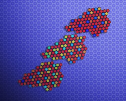 Alcuni fotogrammi dello spostamento di un'isola colloidale su di un substrato microstrutturato. Le particelle sono colorate al computer a seconda della loro posizione rispetto alle buche della superficie microstrotturata (in blu, quando coincidenti)