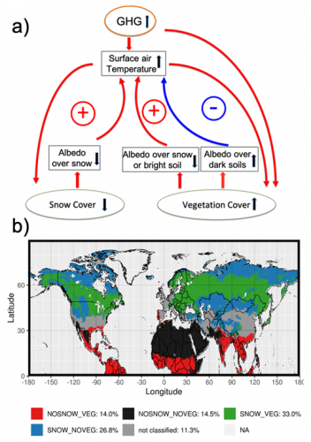 (pannello a) Processi coinvolti nell'accoppiamento e retroazioni tra aumento delle temperature e riflessione della radiazione solare (albedo) alla superficie delle diverse regioni dell'emisfero settentrionale; (pannello b) suddivisione delle aree dell'emi