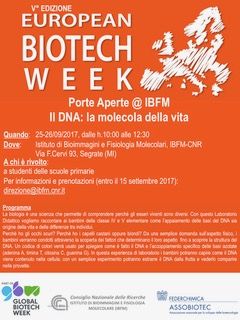 Flyer dell'evento 'Porte aperte @ IBFM: Il DNA, la molecola della vita'