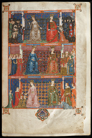 Particolare da una miniatura con la genealogia degli Angioini, dalla Bibbia illustrata da Cristoforo Oriminia nel 1340 (Open Data, Bijbel van Anjou, KU Leuven Libraries, Maurits Sabbe Library, GSM Cod.1, folio 004r