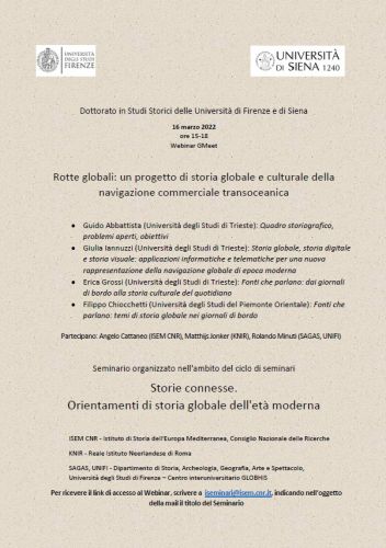 La locandina del Seminario «Rotte globali: un progetto di storia globale e culturale della navigazione commerciale transoceanica»