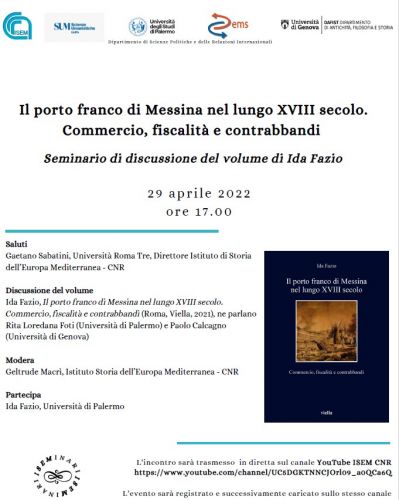 La locandina del Seminario «Il porto franco di Messina nel lungo XVIII secolo. Commercio, fiscalità e contrabbandi»
