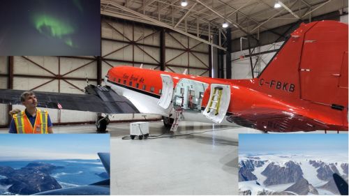 Il Basler BT-67 con installato il radiometro a microonde a banda ultralarga LoMiRad. (in senso antiorario) aurora boreale nel cielo di Iqaluit, l'estremità sud della penisola di Cumberland, Penny Ice Cap