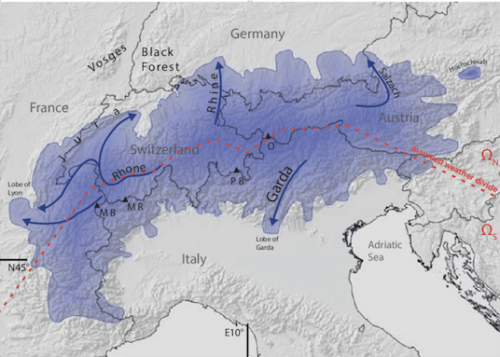 Estensione della calotta alpina (in blu) durante il picco dell'ultima glaciazione (21.000 anni fa).