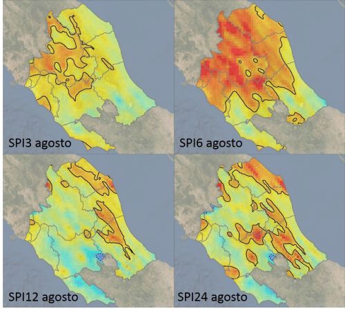 Anomalie di precipitazione su 3, 6, 12 e 24 mesi registrate ad agosto 2021 nell'area del Distretto Idrografico dell'Appennino Centrale