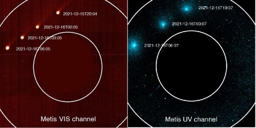 Immagine composita della cometa Leonard vista da Metis in luce visibile e ultravioletta (Credits: ESA/Metis Team)